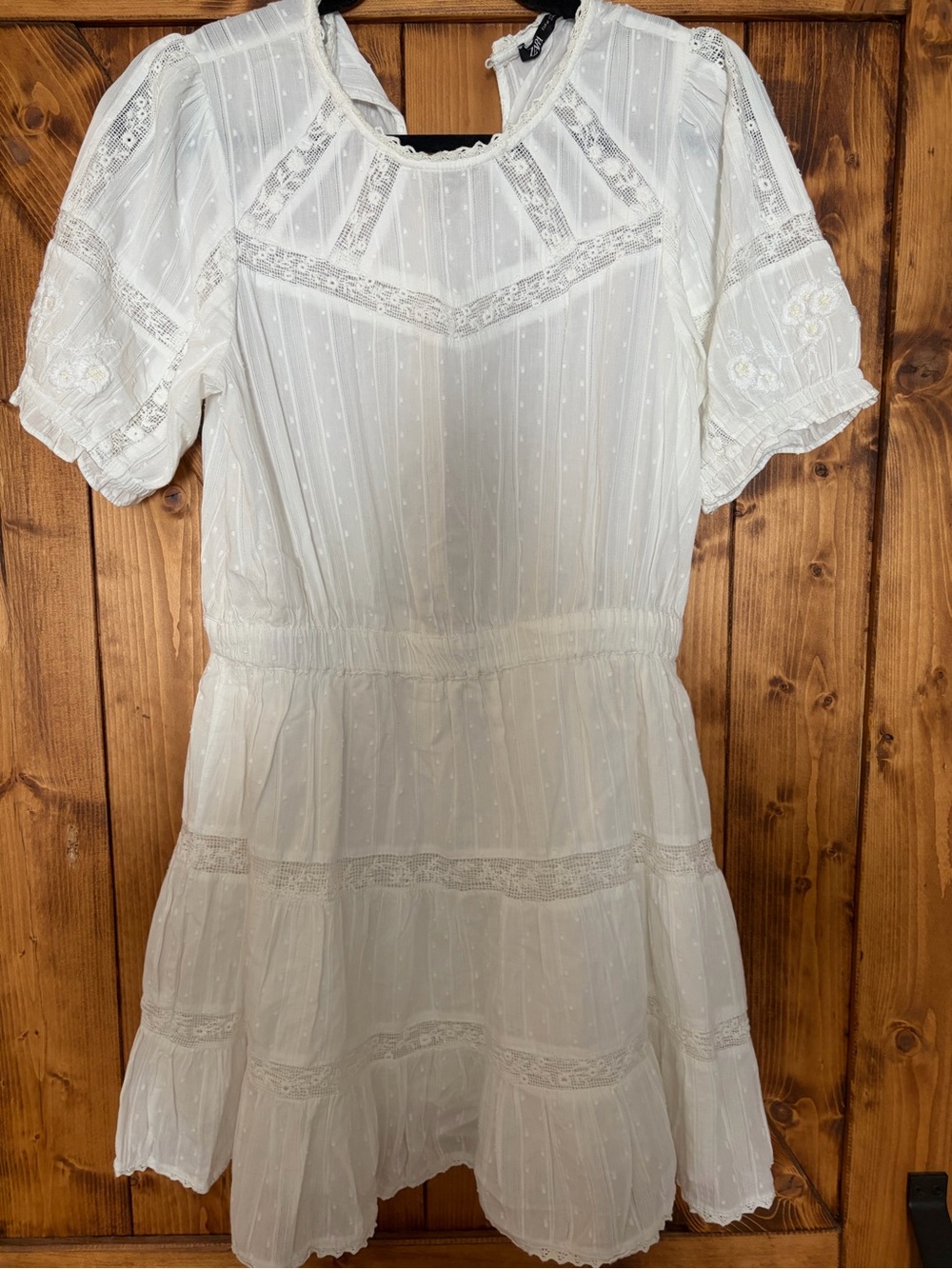 Zara White Swiss-Dot Lace Trim Mini Dress